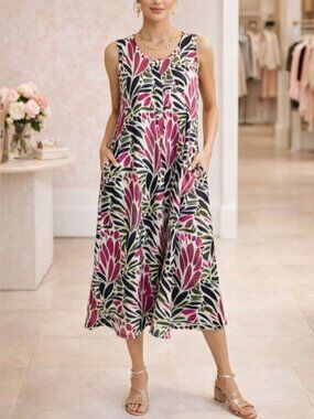 Chico’s Sleeveless Swing Dress Pink Olive Abstract‎ Print Pockets US 4